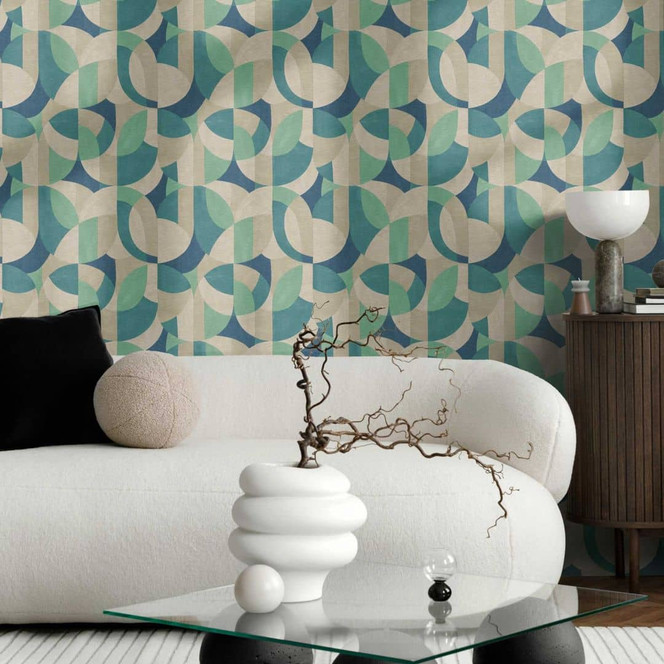 Geometrische Mustertapete in Blau Grün Beige – Moderne Vliestapete abstrakt