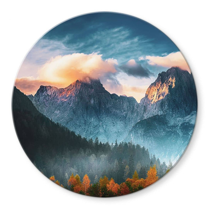 Glasbild Herbstliche Landschaft am Gipfel Triglav in den Julischen Alpen - Rund