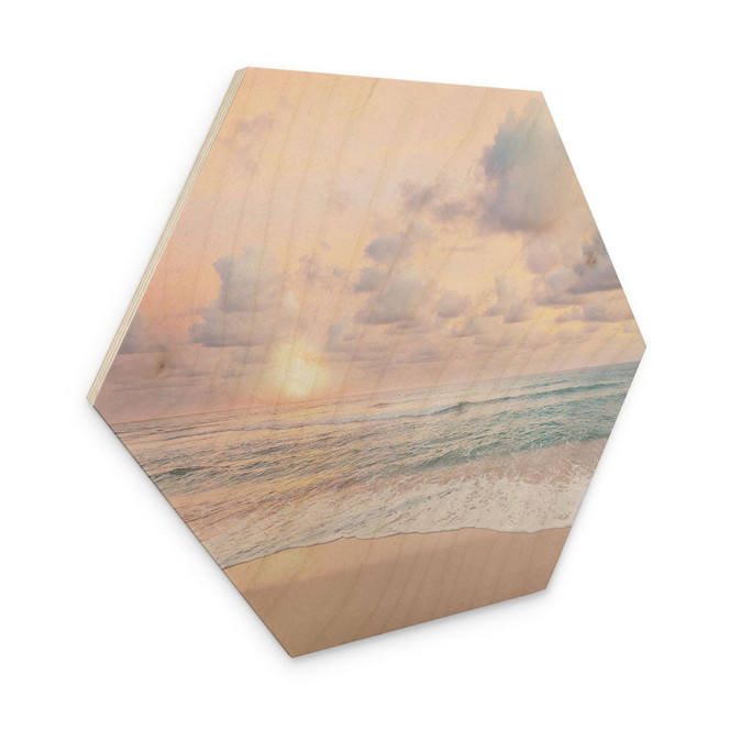Hexagon Holzbild Sonnenuntergang über Strand und Meer - Sisi & Seb