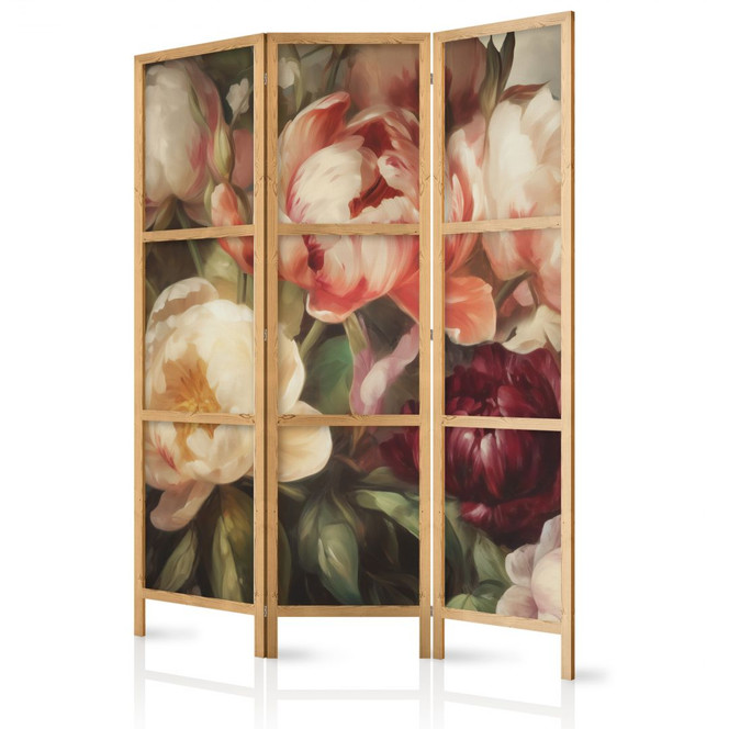 Japanischer Paravent, Raumteiler freistehend, Trennwand - Blooming Sunlit Peonies