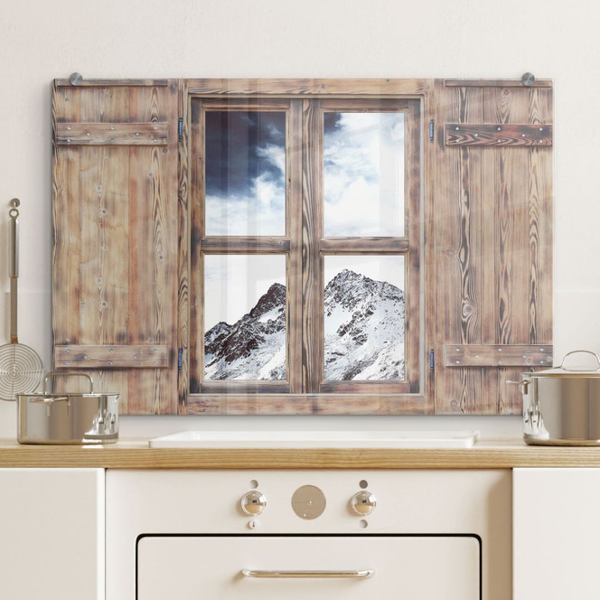 Spritzschutz 3D Holzfenster - Snow Mountain - Bild - 1