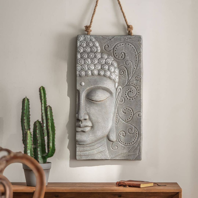 Buddha Wandskulptur - Asiatische Wanddeko aus Kunststein mit Seil - 41 x 78 cm