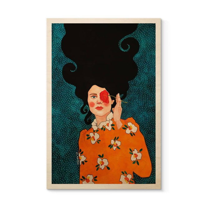 Holzbild Geheimnisvolle Frau mit Rose - Hülya