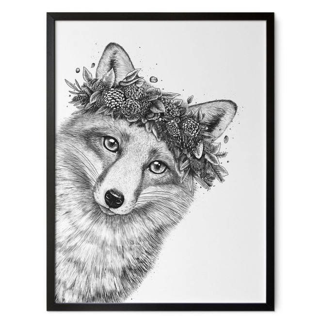 Poster Schwarz-weisser Fuchs mit Blumenkranz - Korenkova