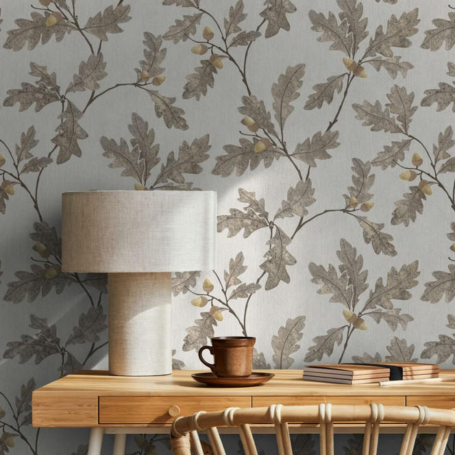 Vliestapete mit Blattmotiv mit Kastanien grau, braun Floral