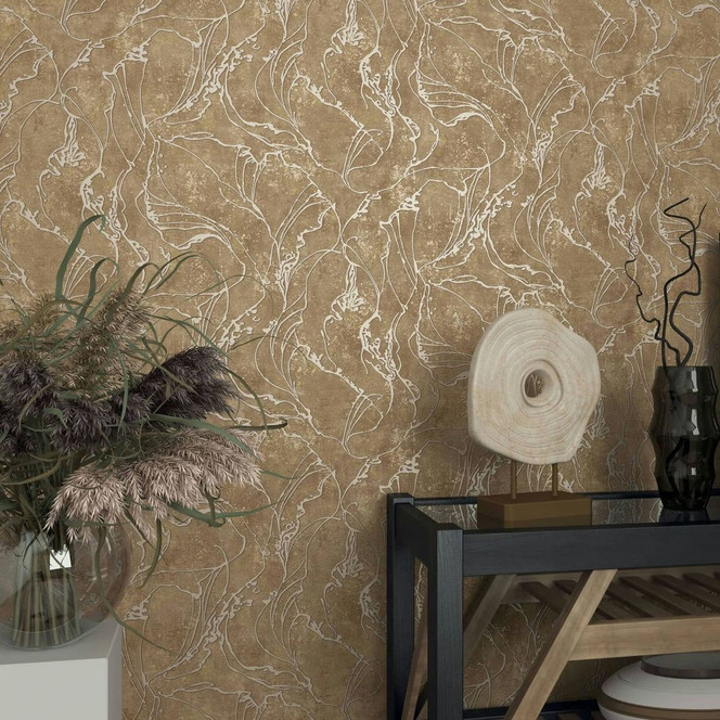 Vliestapete mit geschwungenen glänzenden Linien braun Grafik