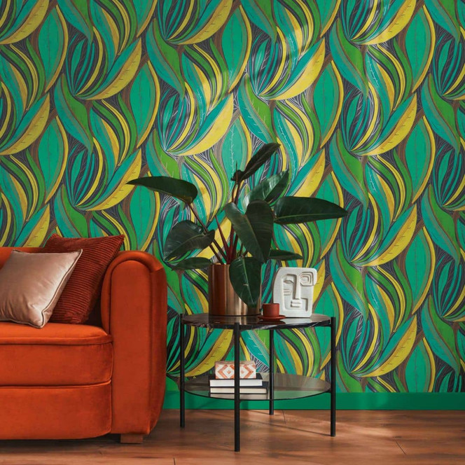 Dschungel-Tapete Türkis Grün Gelb – Moderne Blattstruktur bunt – Vliestapete