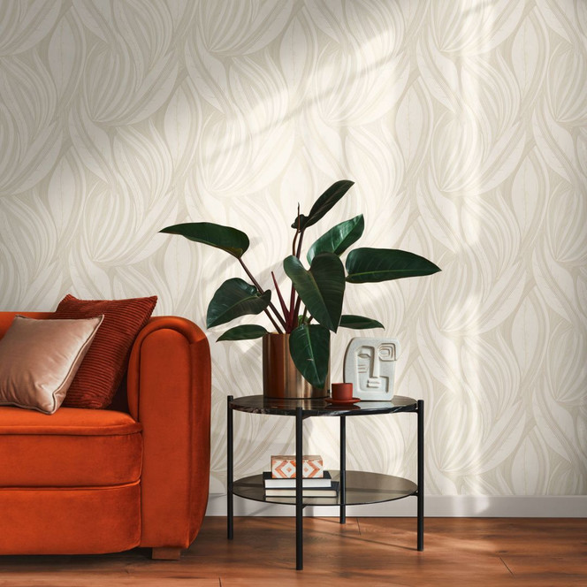 Blätter-Tapete Creme Beige – Vliestapete mit grafischem Blattmuster