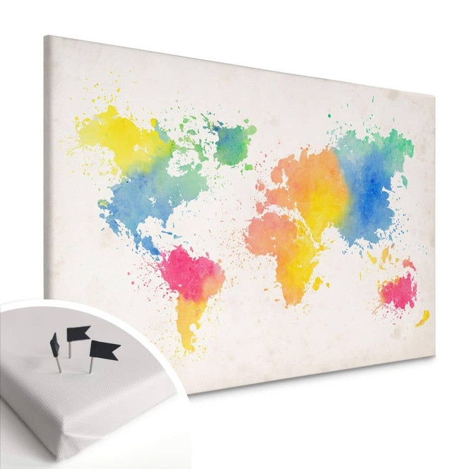Leinwandbild mit Pinn-Rückseite - Weltkarte - Watercolour