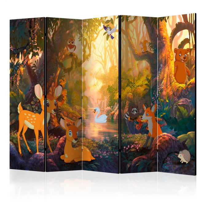 Paravent, Raumteiler freistehend, Trennwand - Tiere im Wald , 5-teilig - 225 x 172 cm