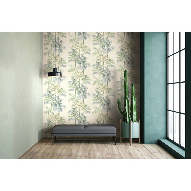 Vliestapete in Beige Grün Bäume Blätter Dschungel Floral Natur