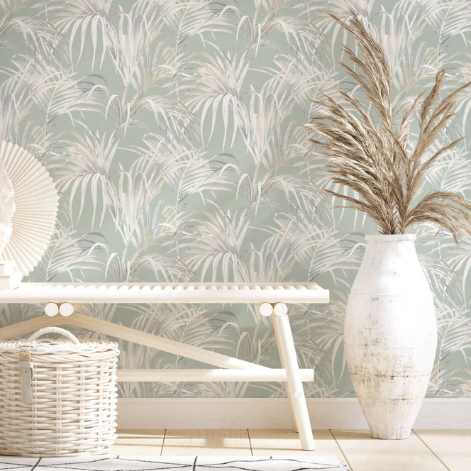 Vliestapete mit Blattmotiv auf Strukturbasis grün, beige Floral