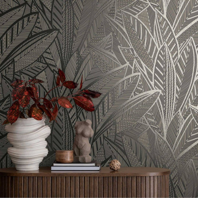 Dschungel-Tapete mit Blattmuster Schwarz Grau – Moderne Vliestapete elegant & ausdrucksstark