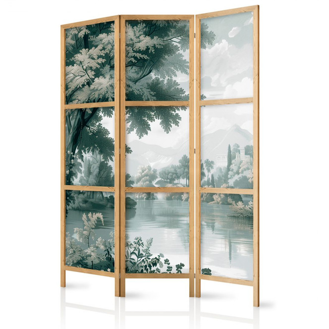 Japanischer Paravent, Raumteiler freistehend, Trennwand - Retro Vintage Landscape in Greens