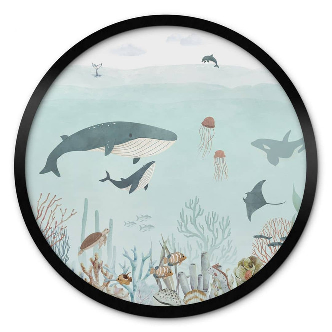Poster für Kinder - Unterwasser-Abenteuer mit Meerestieren - Blau - Oliver Robins - Rund