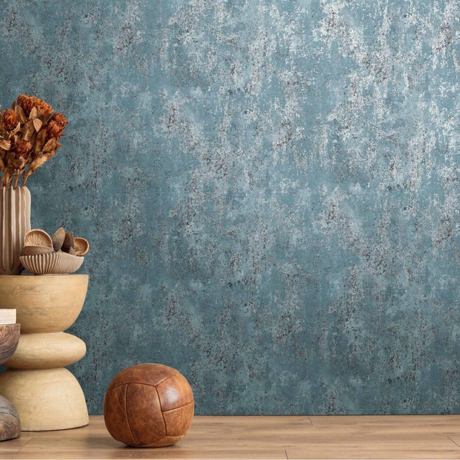 Vliestapete in Beton-Optik Blau Grau – Putzstruktur Tapete matt