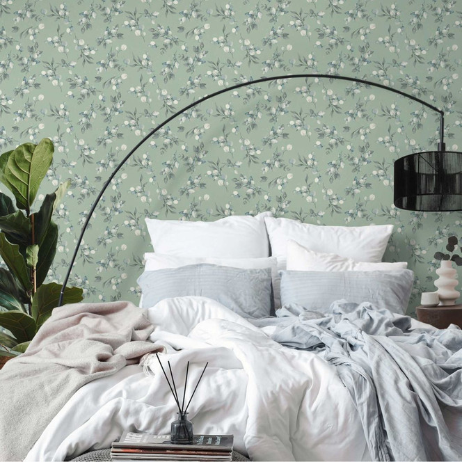 Florale Aquarell-Tapete Grün Blau – Vliestapete mit Blättern – Mustertapete dezent