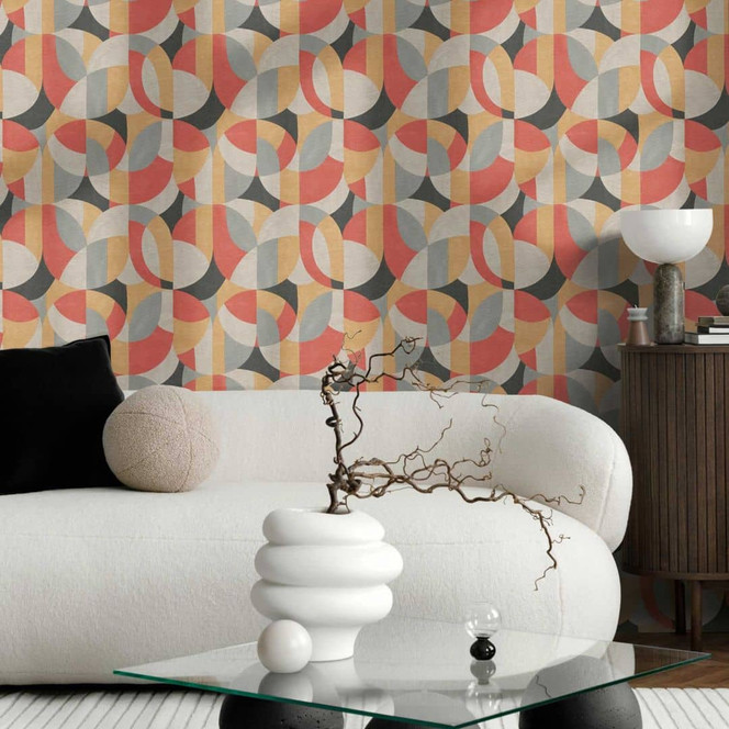 Geometrische Mustertapete in Gelb Rot Grau – Moderne Vliestapete abstrakt & lebendig