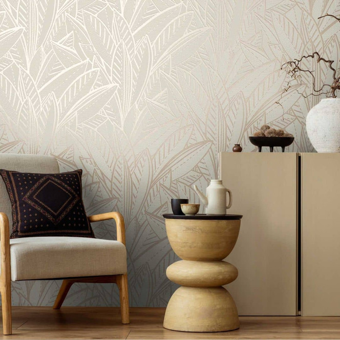 Dschungel-Tapete mit Blattmuster Creme Beige – Moderne Vliestapete dezent & elegant