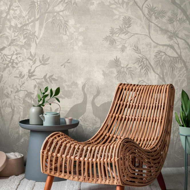 Fototapete Waldszene Sepia Beige - Vliestapete mit Vogel- und Baum-Motiv