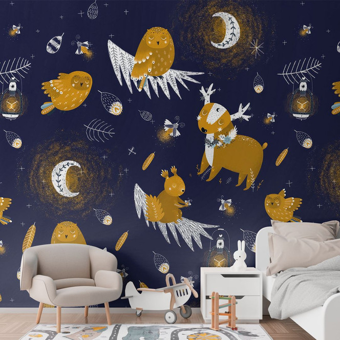 Fototapete Kinderzimmer - Waldtiere in der Nacht - UN Designs