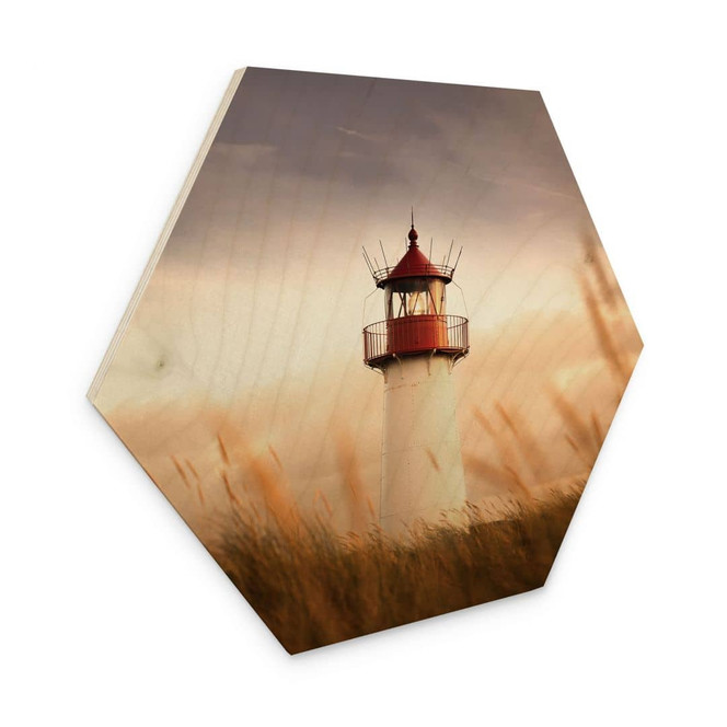 Hexagon Holzbild Leuchtturm an der Küste von Sylt - Eisenmann