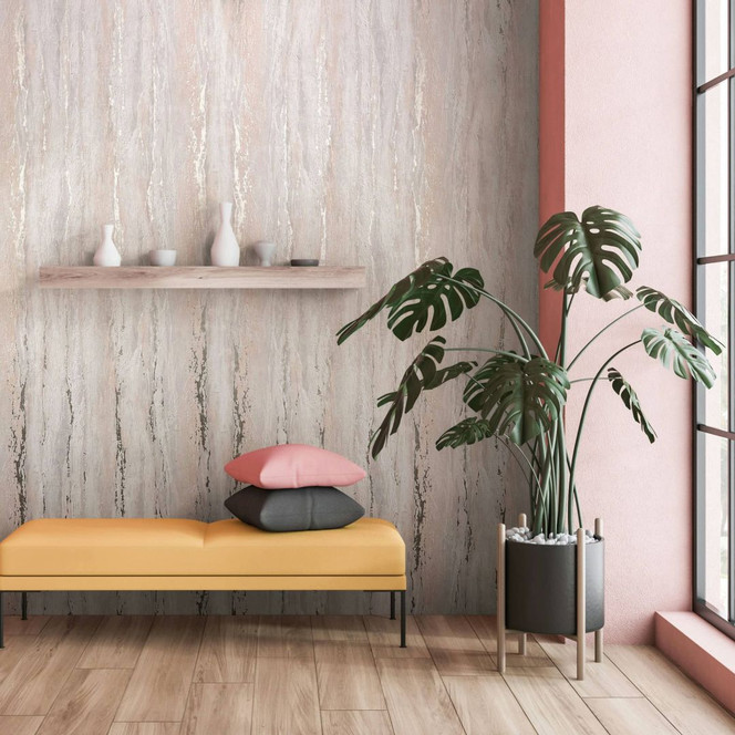 Vliestapete mit glänzender, grober Struktur beige Putzoptik