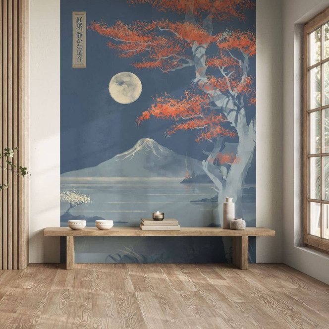 Fototapete Vollmond über dem Gipfel des Fuji-san | Japanische Landschaft - Roze