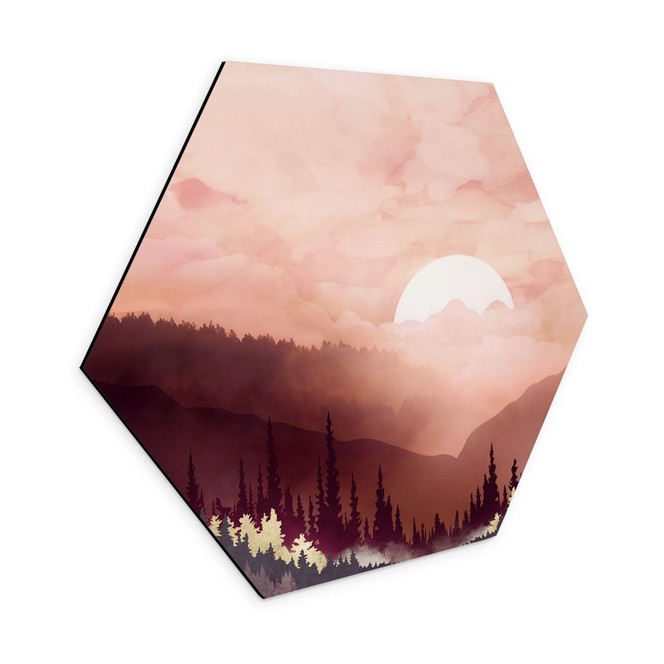 Hexagon Wandbild Rosa Sonnenuntergang über dem Wald - SpaceFrog Designs - Alu-Dibond