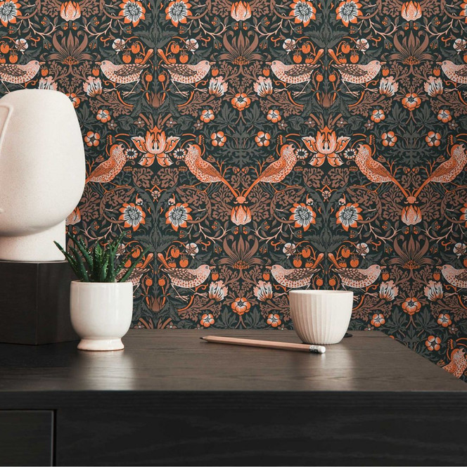 Vliestapete mit Blumen-Muster Orange Schwarz - Tapete mit Vögeln mit Tieren