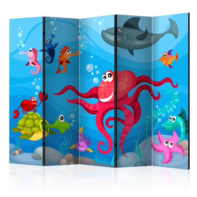 Paravent, Raumteiler freistehend, Trennwand - Oktopus und Hai , 5-teilig - 225 x 172 cm