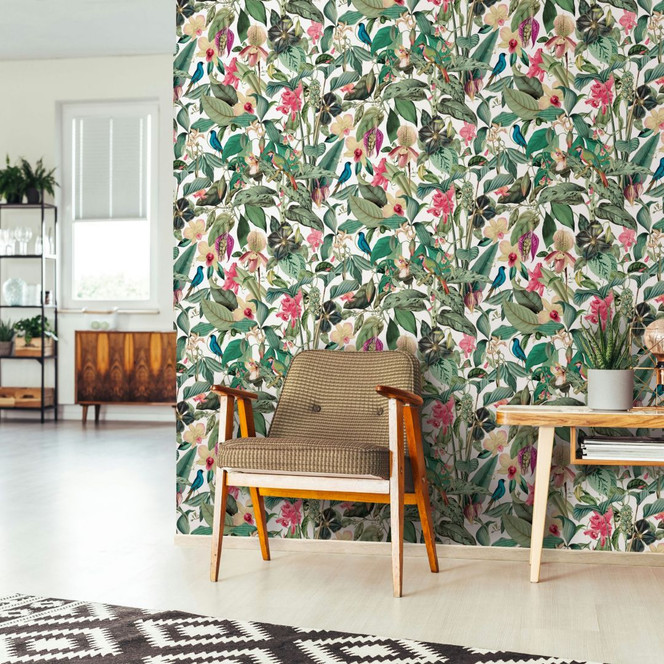 Vliestapete in weiss, grün Blätter Blumen Floral Natur