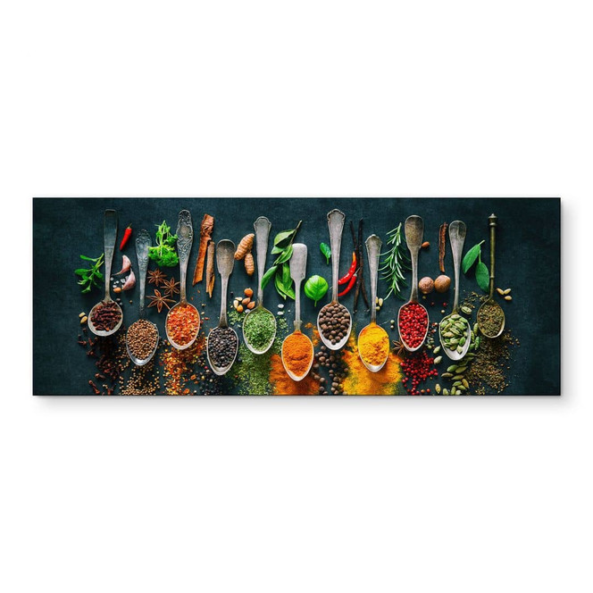 Wandbild Bunte Vielfalt an Gewürzen - Panorama - Alu-Dibond