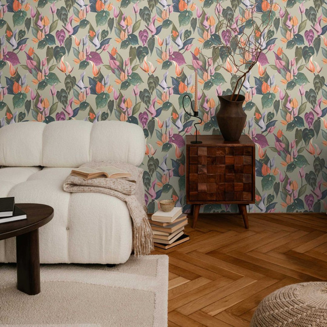 Florale Tapete Anthurien Bunt Grün Beige – Tropisches Blumenmuster – Vliestapete