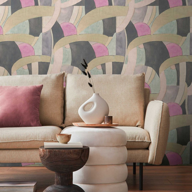 Abstrakte Mustertapete in Rosa Mint Schwarz – Moderne Vliestapete mit Linien