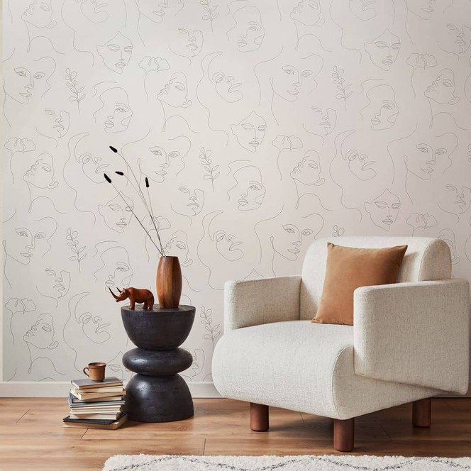 Vliestapete mit gezeichneten Gesichtern beige Textiloptik