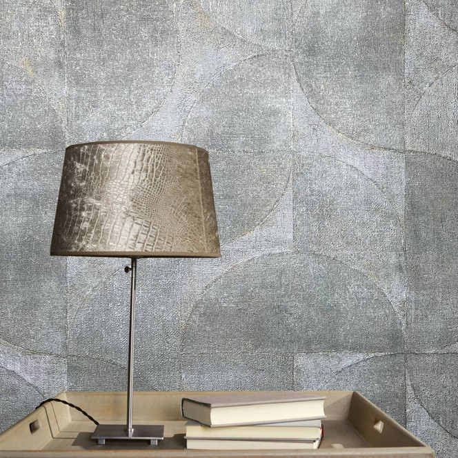 Vliestapete mit Halbkreisen und Rechtecken grau, blau Struktur