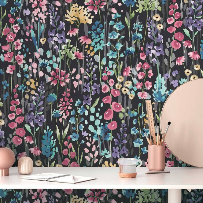 Florale Aquarell-Tapete Dunkelgrau Bunt - Blumentapete Kontrastreich - Vliestapete