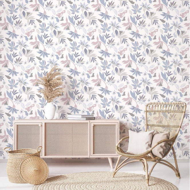 Vliestapete in abstraktem Blumenmotiv weiss, lila Floral