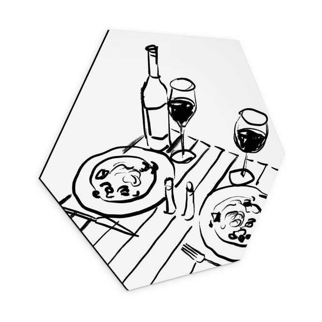 Hexagon Wandbild Stillleben-Dinner mit Wein - Treechild - Alu-Dibond