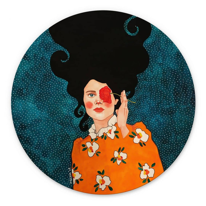 Wandbild Geheimnisvolle Frau mit Rose - Hülya - Alu-Dibond Rund