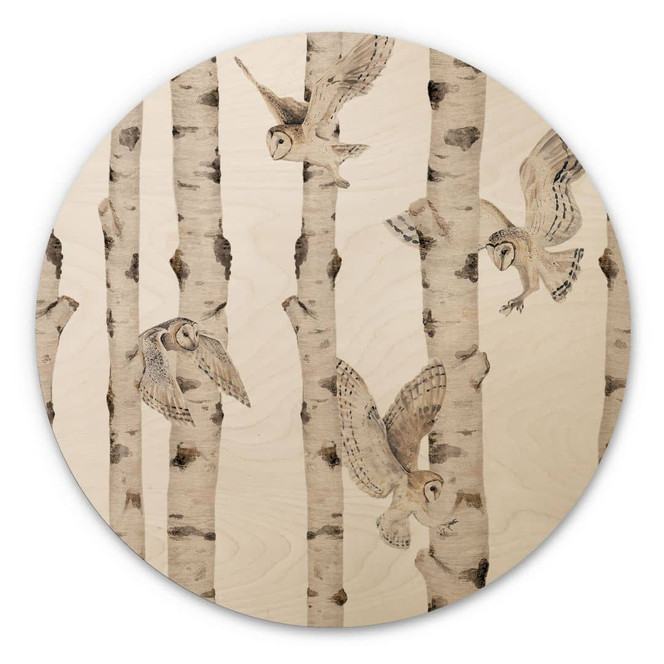 Holzbild Eulen im Birkenwald - Kikki Belle - Rund