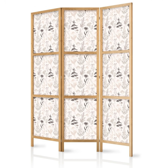 Japanischer Paravent, Raumteiler freistehend, Trennwand - Illustration of Flowers and Herbs - Beige Grays