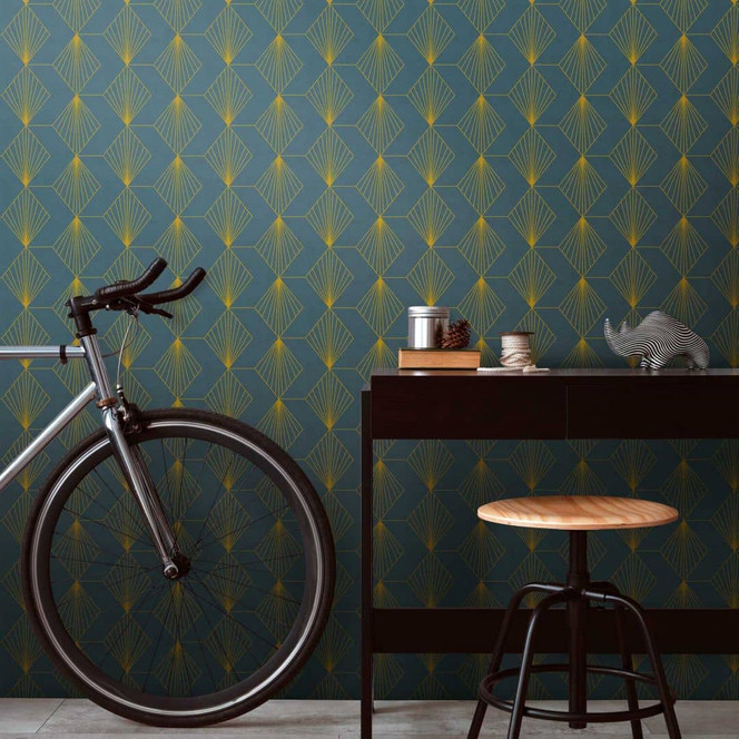 Geometrische Art Deco-Tapete Dunkelblau Gold - Mustertapete modern - Vliestapete