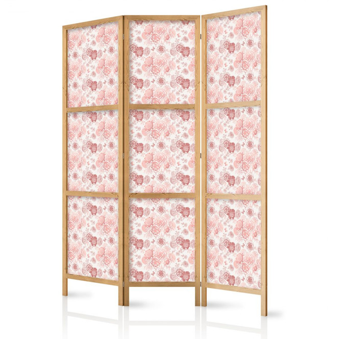 Japanischer Paravent, Raumteiler freistehend, Trennwand - Pink Blossoming on White Background