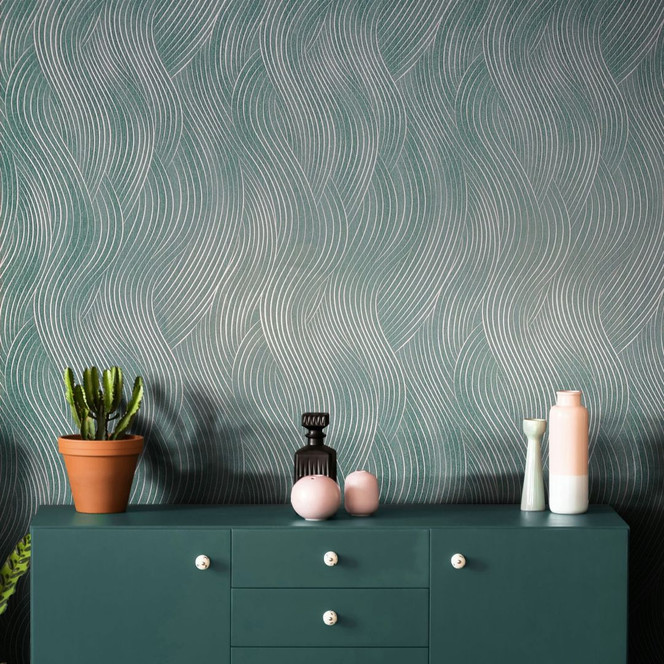Vliestapete in grün, silber Wellenoptik Struktur Grafisch Modern