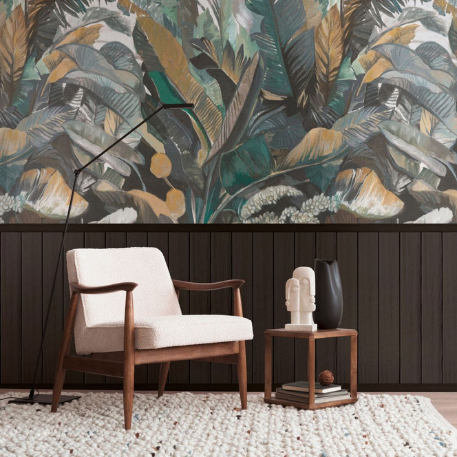 Fototapete Tropenblätter Dunkelgrün Braun mit Holzpaneel – Vliestapete erweiterbar