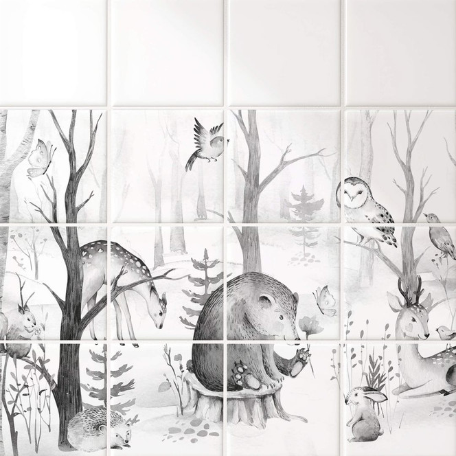 Fliesenaufkleber Kvilis - Tierfreunde im Wald - schwarz-weiss - 12er Set