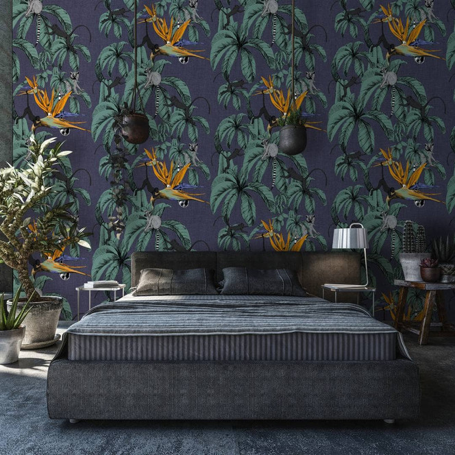 Fototapete mit Affen und Pflanzen, Blau Illustration 3.40 x 2.12 m