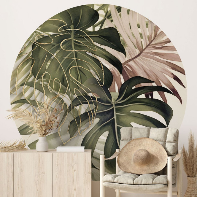 Fototapete Urban Jungle - Tropische Blätter Boho - Haase - Rund - Selbstklebend/Vlies